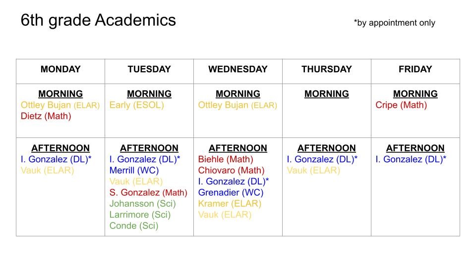 6th Grade Schedule