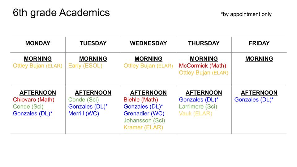 6th Grade Schedule